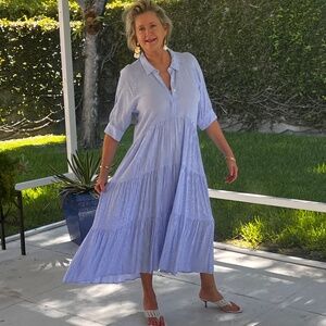 A Loves A Pinstripe Print Button Point Collar 3/4 Blouson Cuff Sleeve Midi Dress